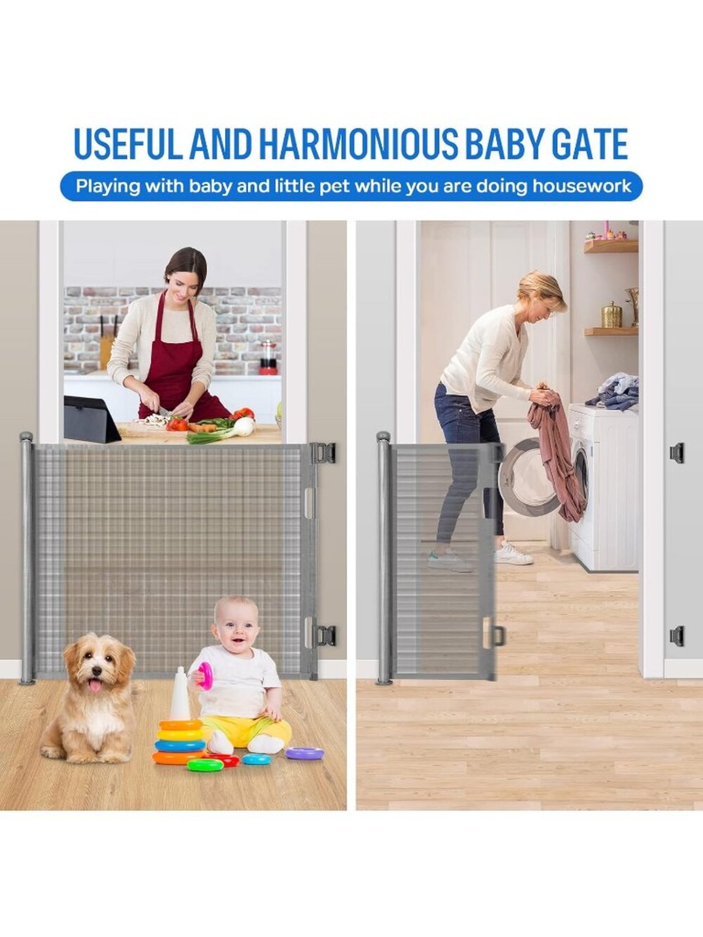 33" Retractable Baby Gate Gray 55" Wide Mesh Pet Dog Safety Gate Indoor/Out - Picture 8 of 9